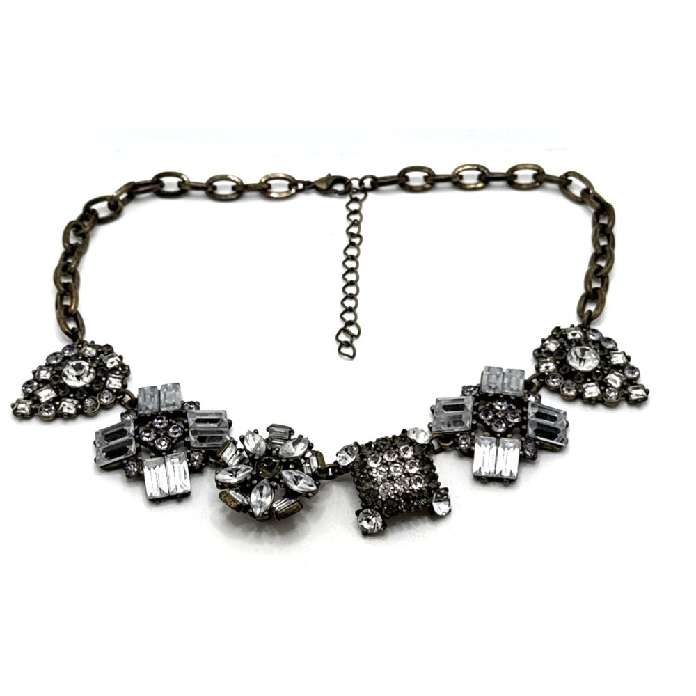 J. Crew Rhinestone Bib Necklace Clear Gray Bronze Tone Statement Collar 17"-19"